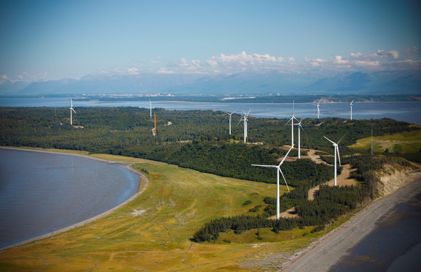 Aerial view of Fire Island with wind turbines