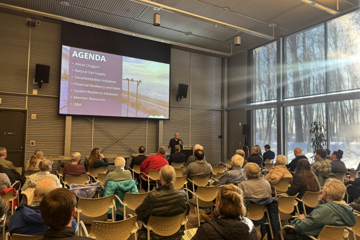 Chugach CEO Arthur Miller speaks at the Chugach Town Hall in March 2026.