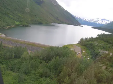 An aerial view of the Cooper Lake dam.
