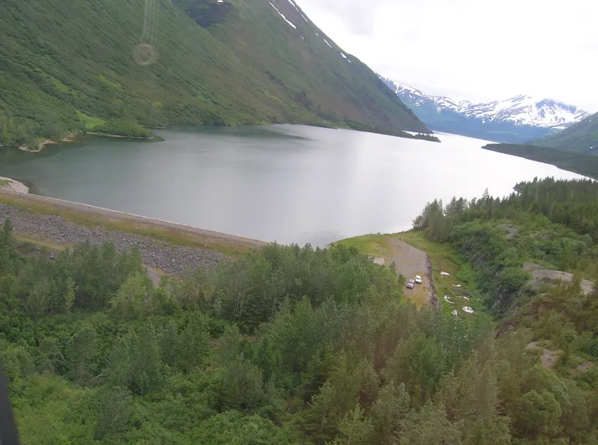 An aerial view of the Cooper Lake dam.